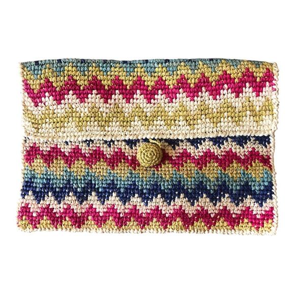 LoveStitch NIP Canary Islands Raffia Zig Zag Clutch Cream Pink Teal Navy Yellow - Picture 2 of 13